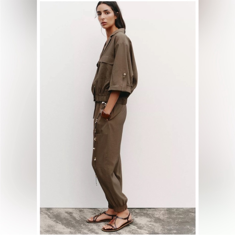 ZARA SHORT SLEEVE SAFARI SHIRT L toffee brown nylon shirt jacket - Picture 3 of 6